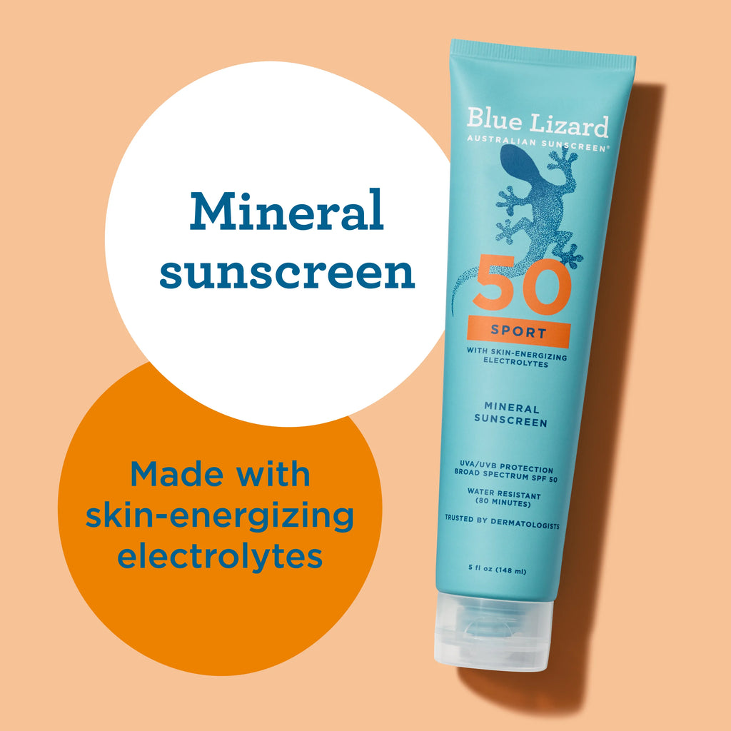 Blue Lizard Sport SPF 50 mineral sunscreen tube on a peach background