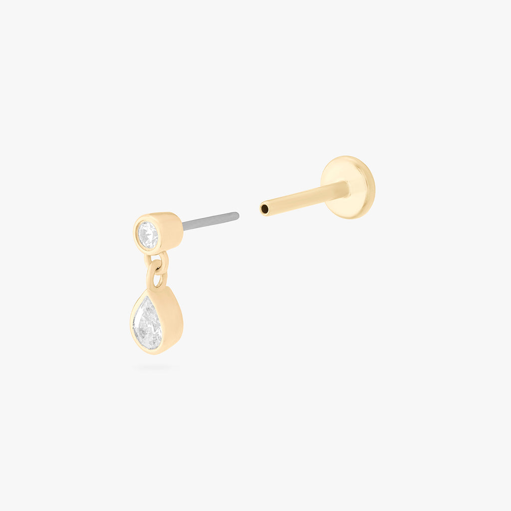 14K CZ Bezel Pear Dangle Flatback Stud