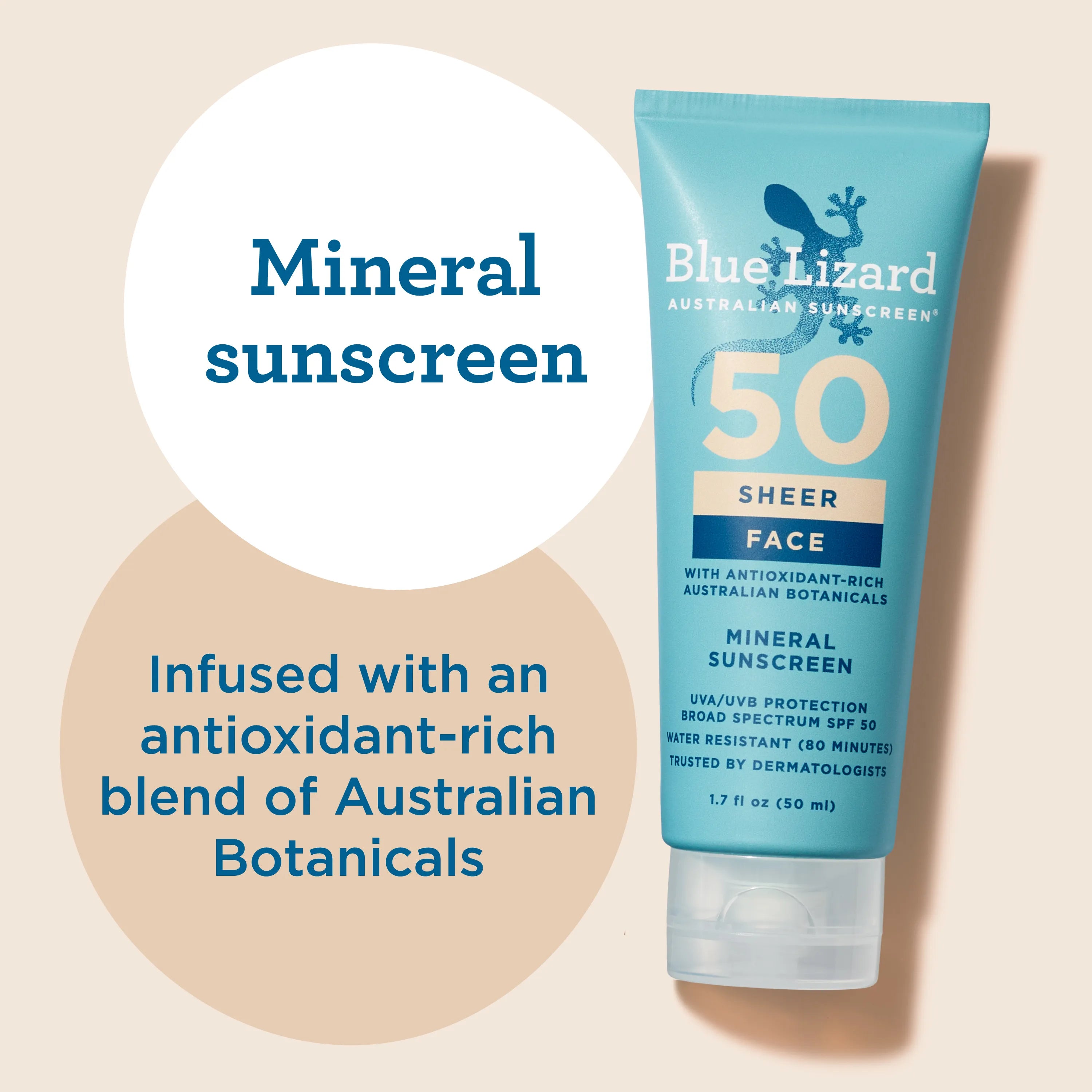 Blue Lizard sheer face SPF50 mineral sunscreen tube with text on a beige background