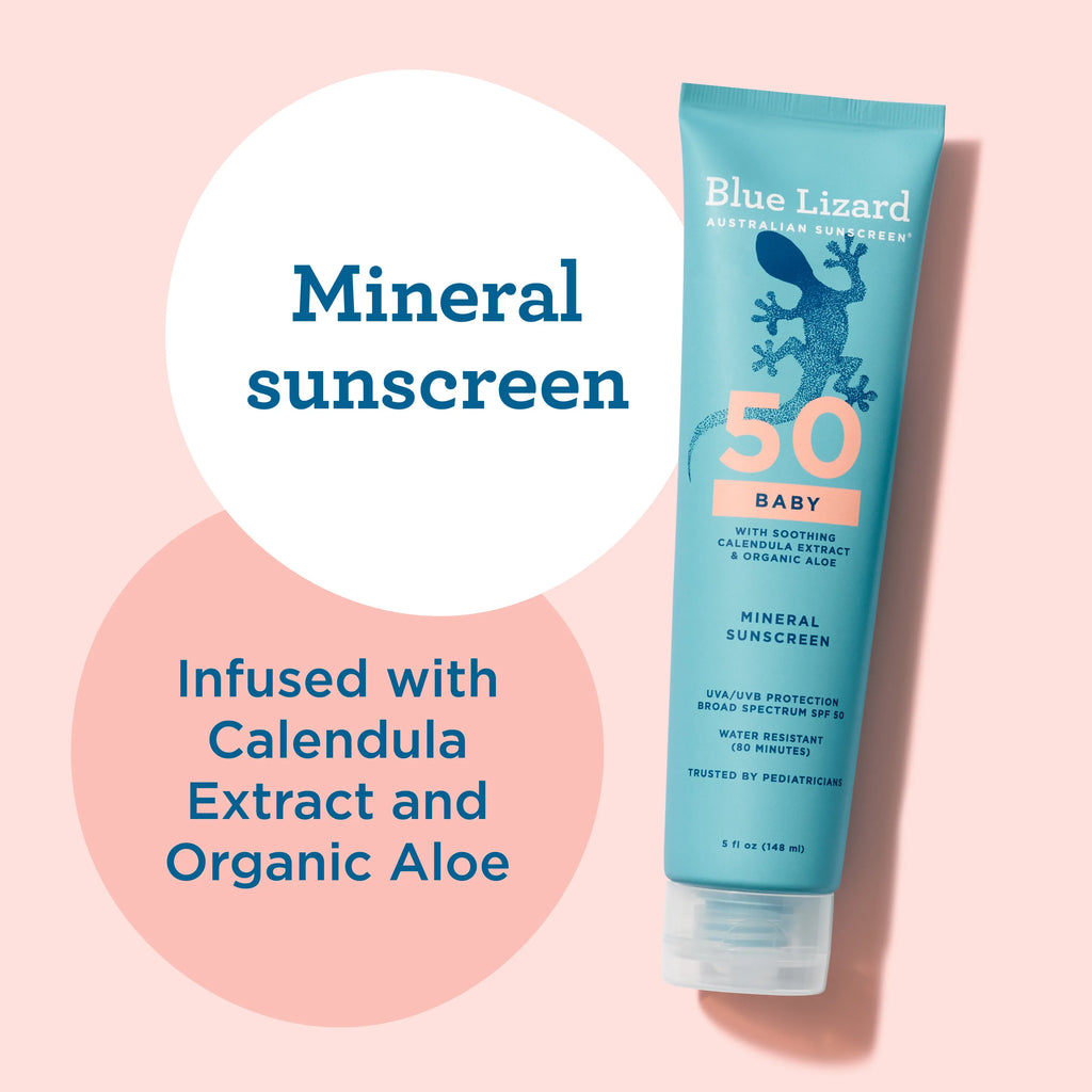 Blue Lizard  Baby mineral sunscreen tube for babies on a pink background