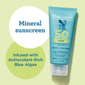 Blue Lizard Kids mineral sunscreen tube with text on a green background