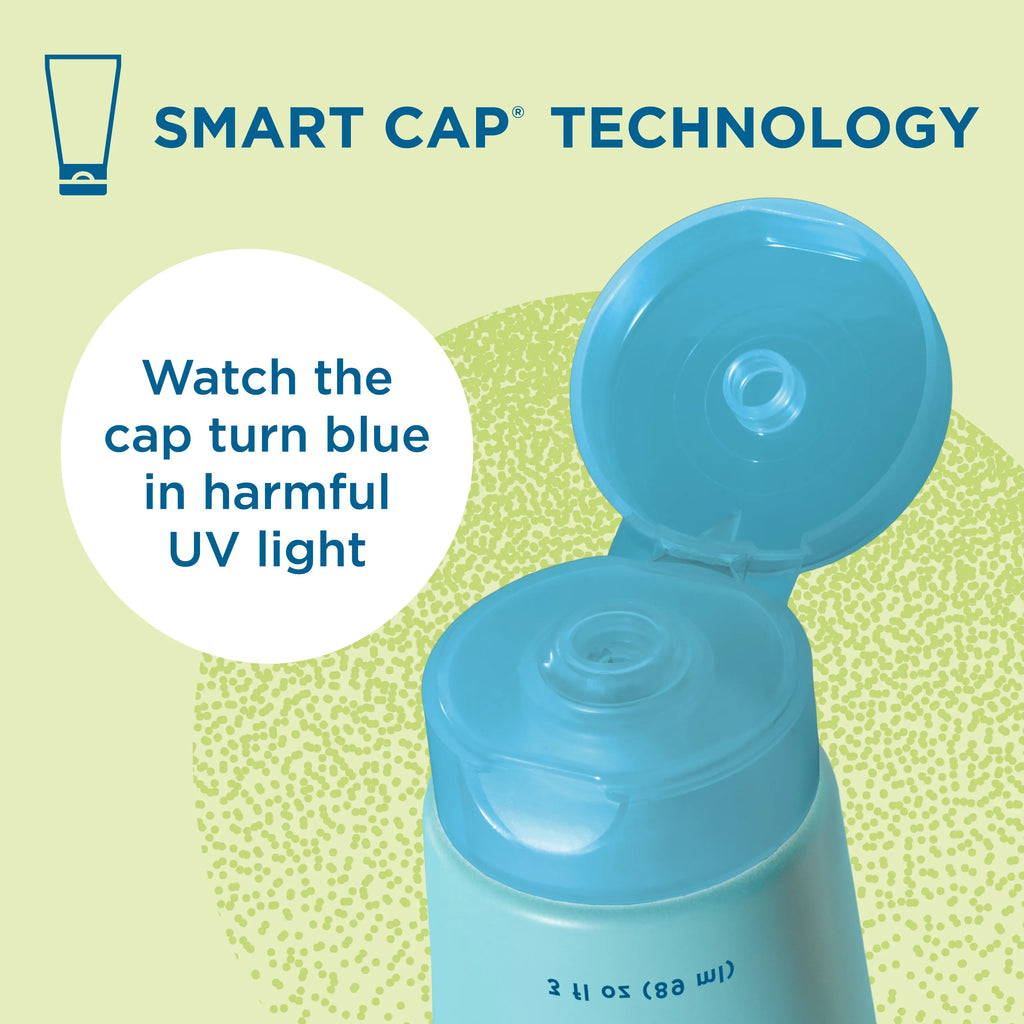 Blue bottle with open cap on a green background, featuring 'Smart Cap Technology' text.