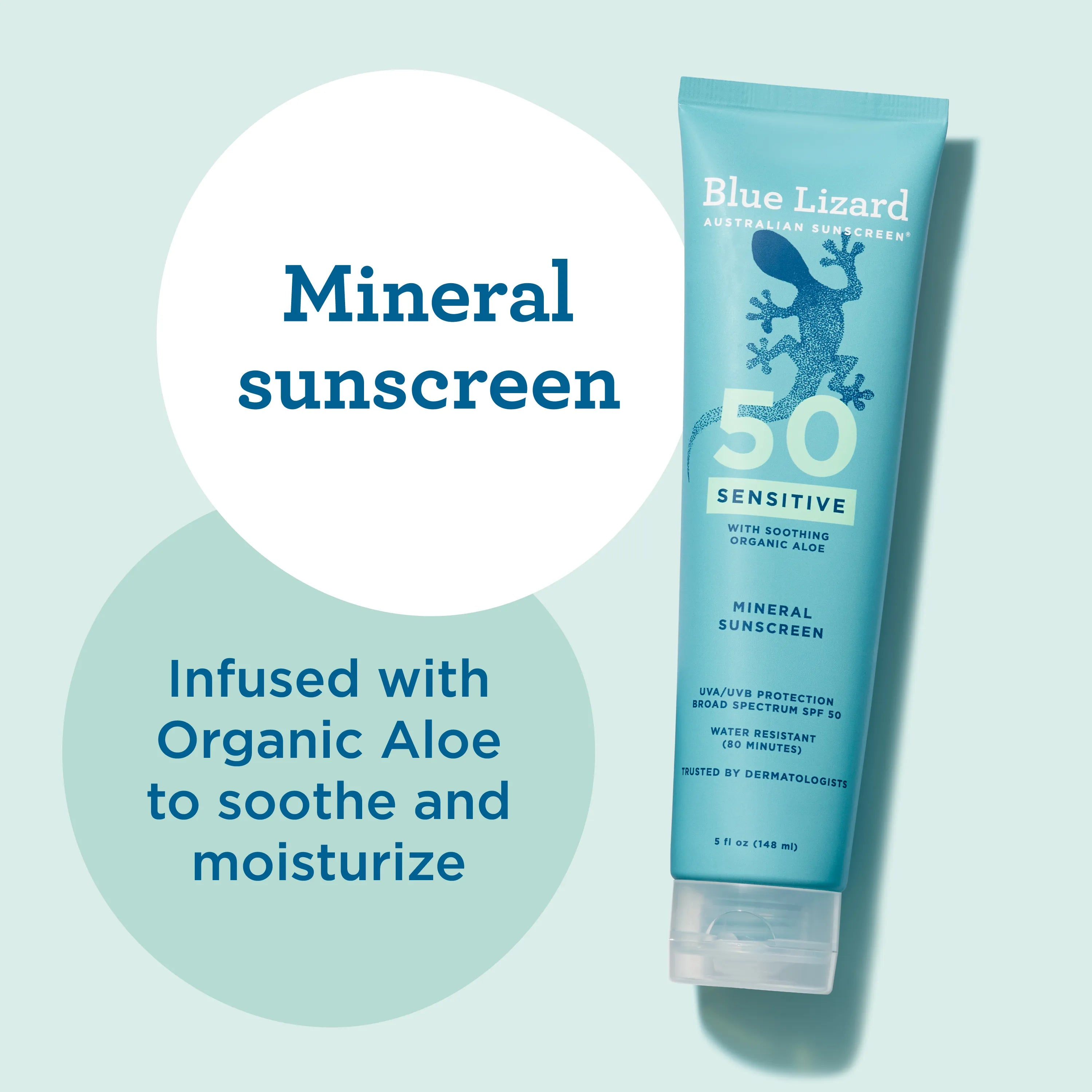 Blue Lizard sensitive SPF 50 mineral sunscreen tube on a light blue background with text about organic aloe.