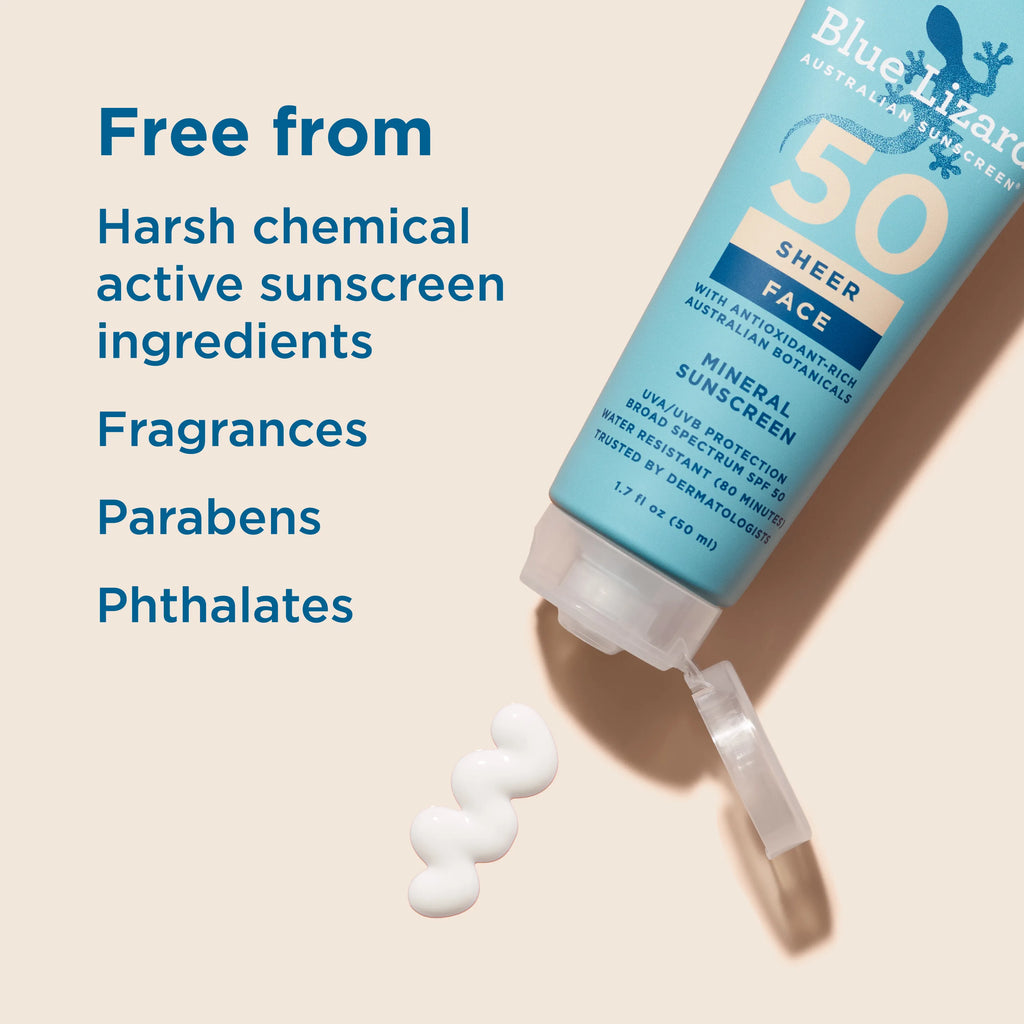 Blue Lizard sheer face SPF50 mineral sunscreen tube with text highlighting ingredients free from harsh chemicals on a beige background