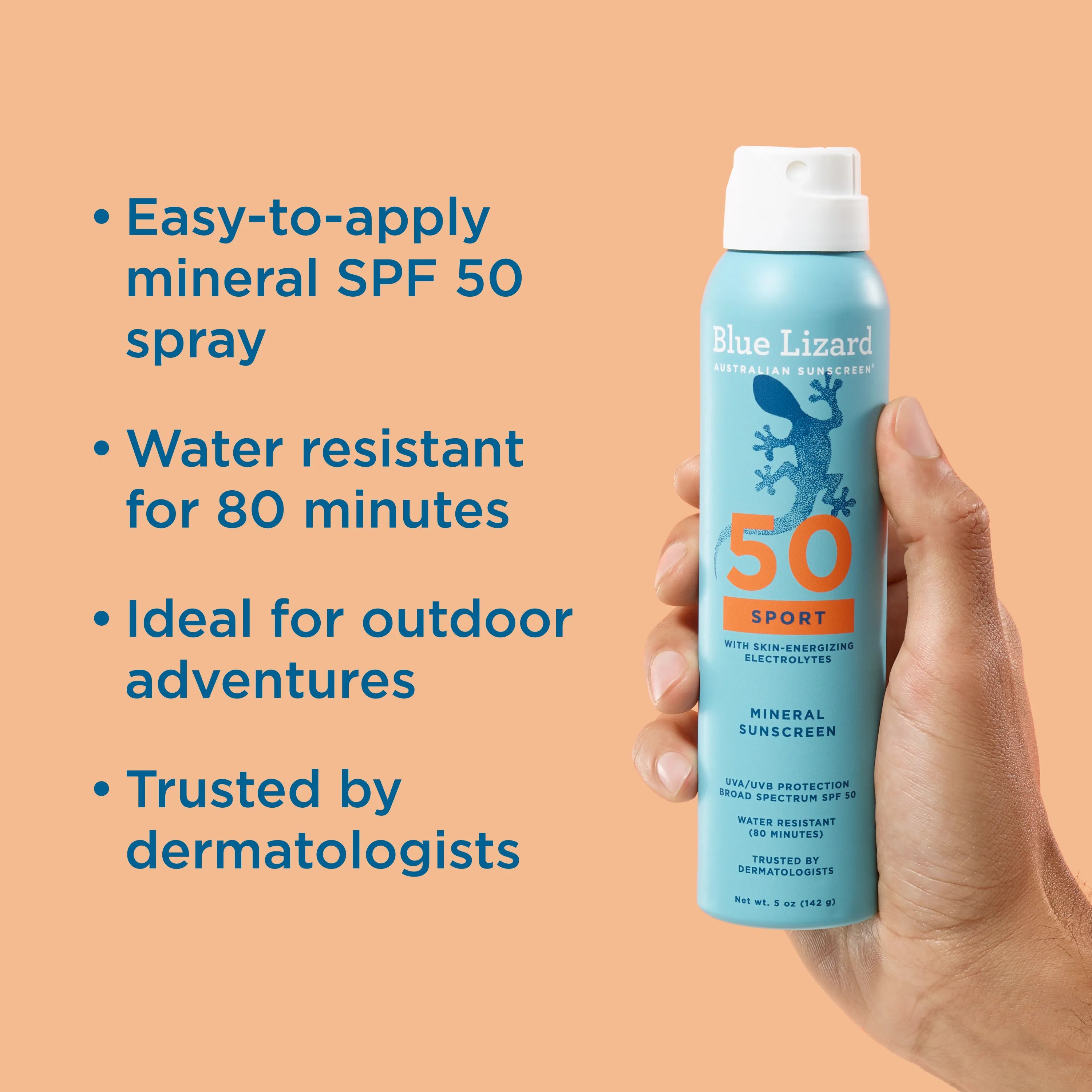 Blue Lizard Mineral  Sport Sunscreen SPF 50 spray held in a hand with product features listed on an orange background